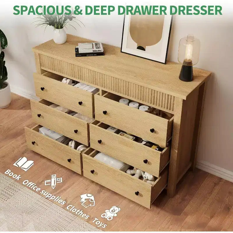 Modern Fluted 6-Drawer Chest of Drawers, Wooden Storage Organizer for Bedroom or Living Room