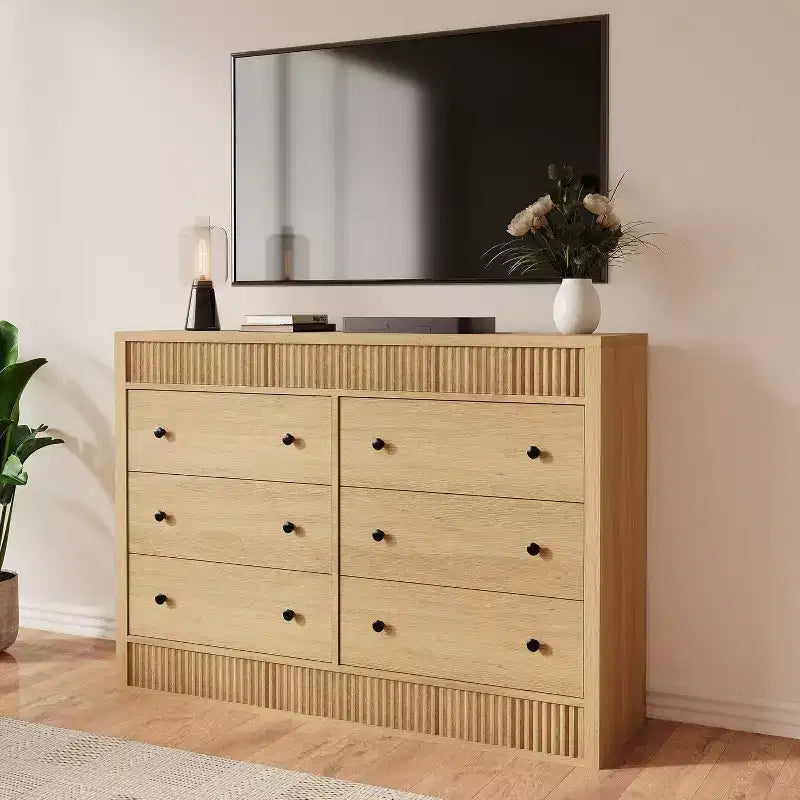 Modern Fluted 6-Drawer Chest of Drawers, Wooden Storage Organizer for Bedroom or Living Room