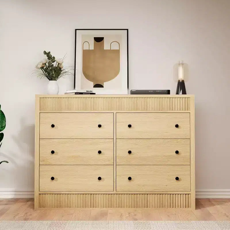 Modern Fluted 6-Drawer Chest of Drawers, Wooden Storage Organizer for Bedroom or Living Room