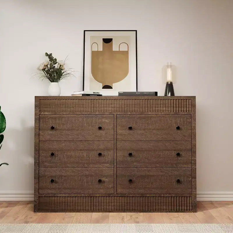 Modern Fluted 6-Drawer Chest of Drawers, Wooden Storage Organizer for Bedroom or Living Room
