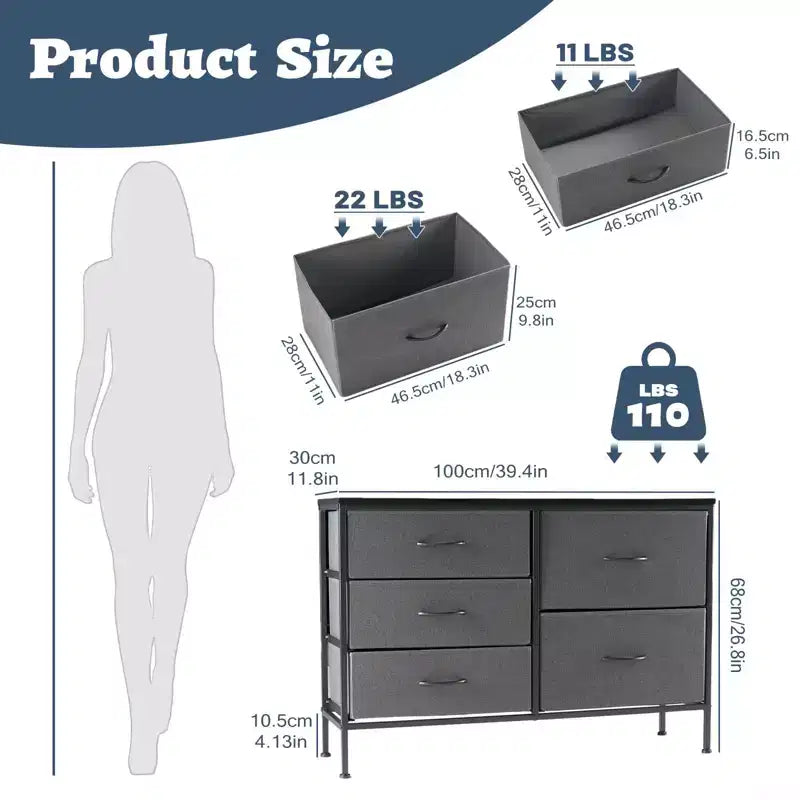 5-Drawer Fabric Storage Dresser with Wrought Iron Frame, Easy Assembly Organizer for Bedroom, Closet or Office