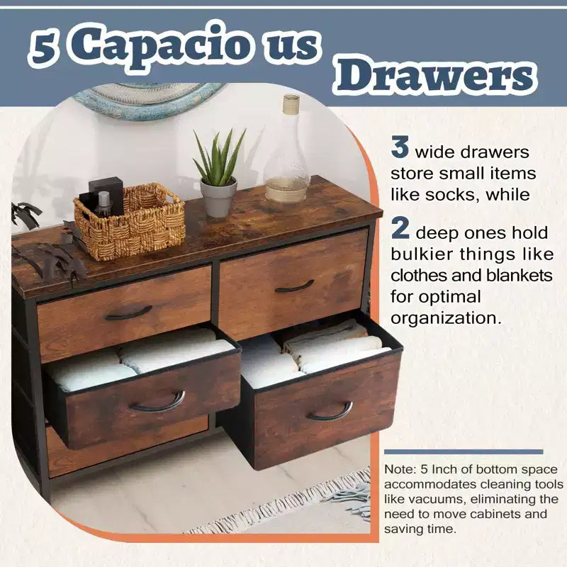 5-Drawer Fabric Storage Dresser with Wrought Iron Frame, Easy Assembly Organizer for Bedroom, Closet or Office