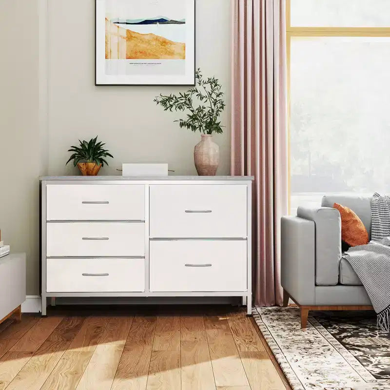 5-Drawer Fabric Storage Dresser with Wrought Iron Frame, Easy Assembly Organizer for Bedroom, Closet or Office