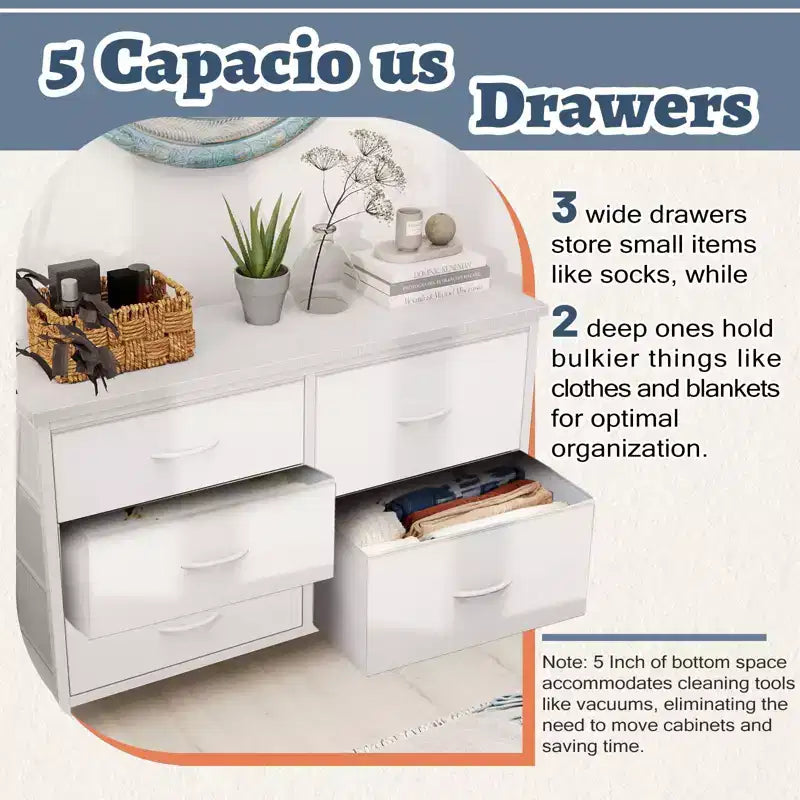 5-Drawer Fabric Storage Dresser with Wrought Iron Frame, Easy Assembly Organizer for Bedroom, Closet or Office