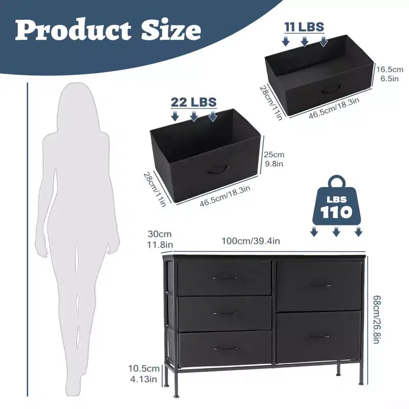 5-Drawer Fabric Storage Dresser with Wrought Iron Frame, Easy Assembly Organizer for Bedroom, Closet or Office