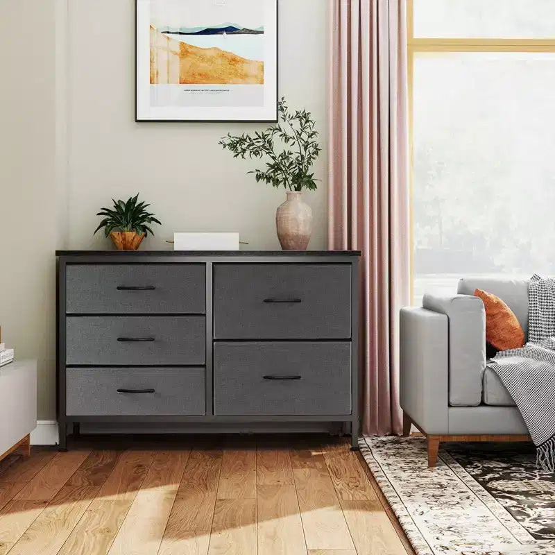 5-Drawer Fabric Storage Dresser with Wrought Iron Frame, Easy Assembly Organizer for Bedroom, Closet or Office