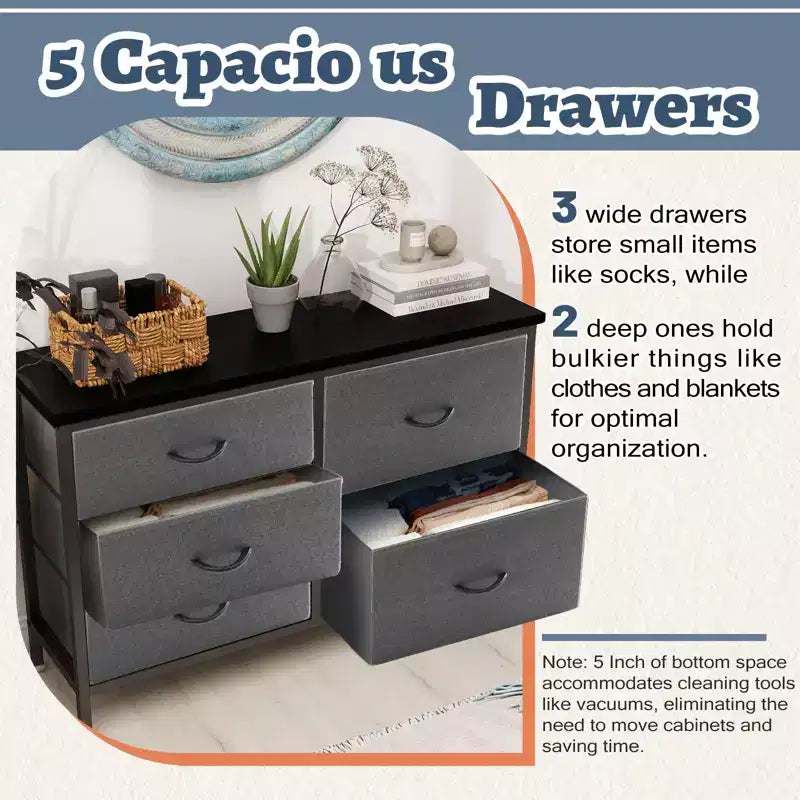 5-Drawer Fabric Storage Dresser with Wrought Iron Frame, Easy Assembly Organizer for Bedroom, Closet or Office