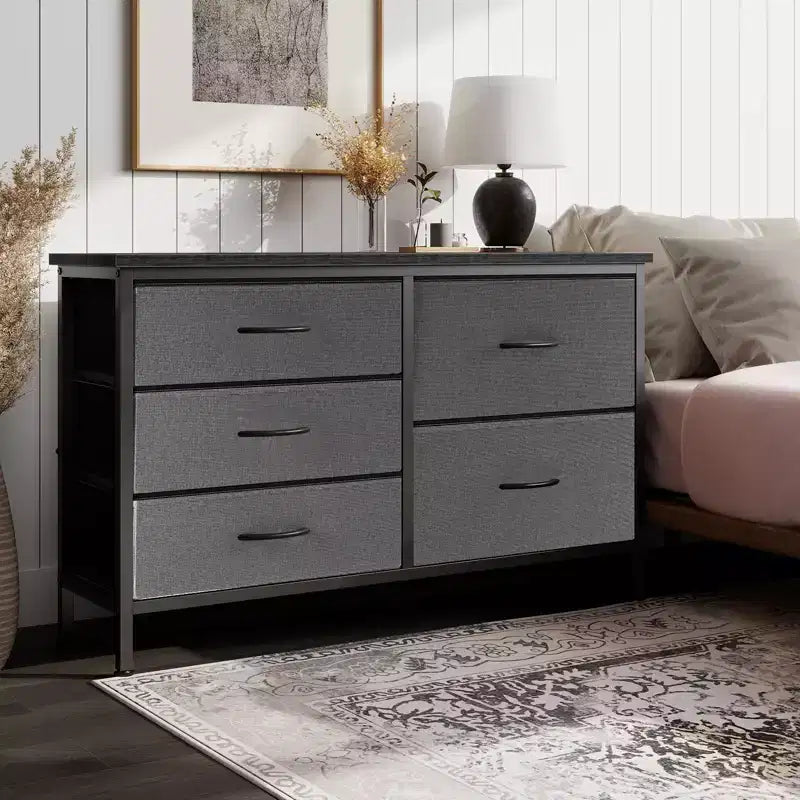5-Drawer Fabric Storage Dresser with Wrought Iron Frame, Easy Assembly Organizer for Bedroom, Closet or Office