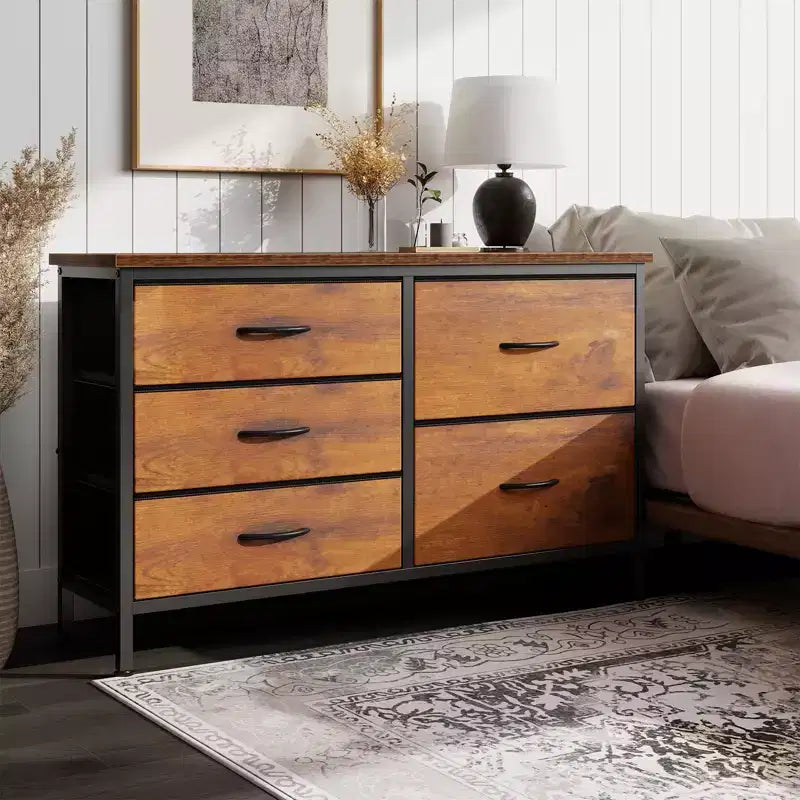 5-Drawer Fabric Storage Dresser with Wrought Iron Frame, Easy Assembly Organizer for Bedroom, Closet or Office