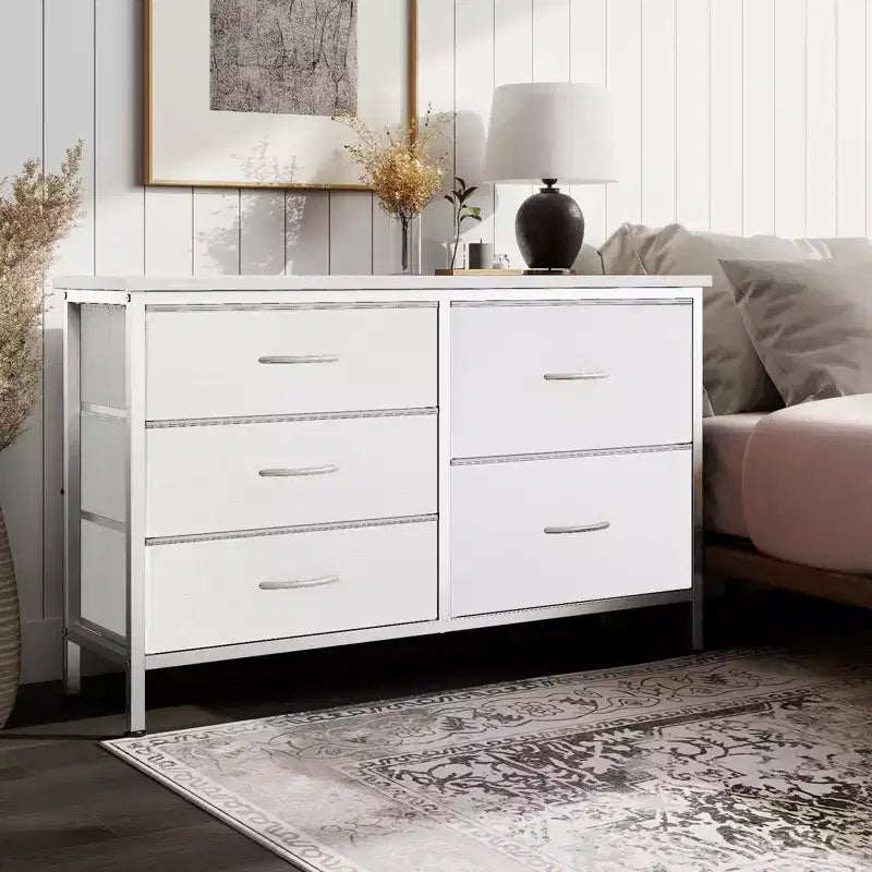 5-Drawer Fabric Storage Dresser with Wrought Iron Frame, Easy Assembly Organizer for Bedroom, Closet or Office