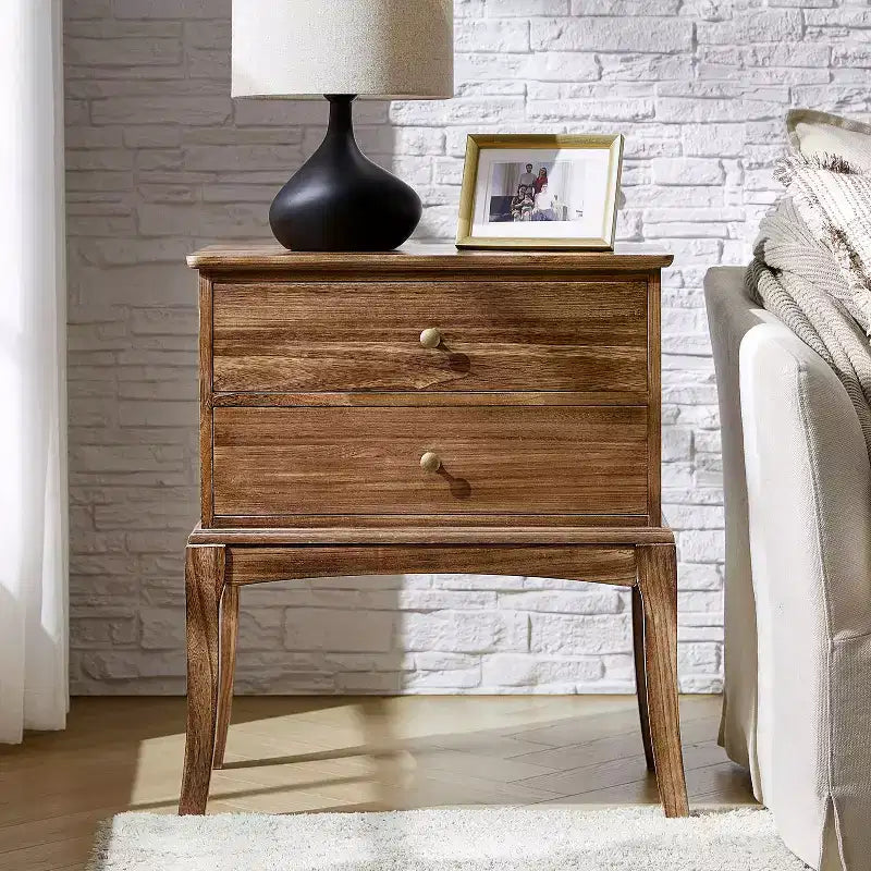 Transitional Solid Wood End Table with Built-in Outlet and 2 Drawers