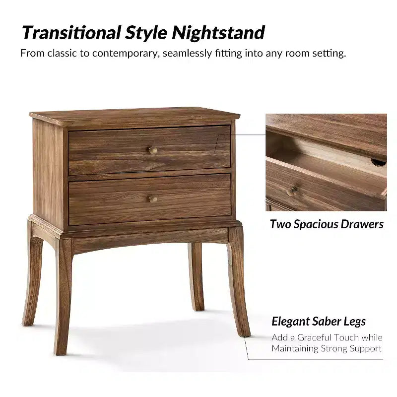Transitional Solid Wood End Table with Built-in Outlet and 2 Drawers