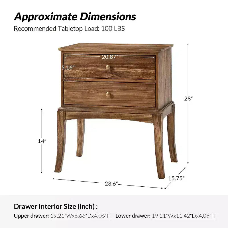Transitional Solid Wood End Table with Built-in Outlet and 2 Drawers