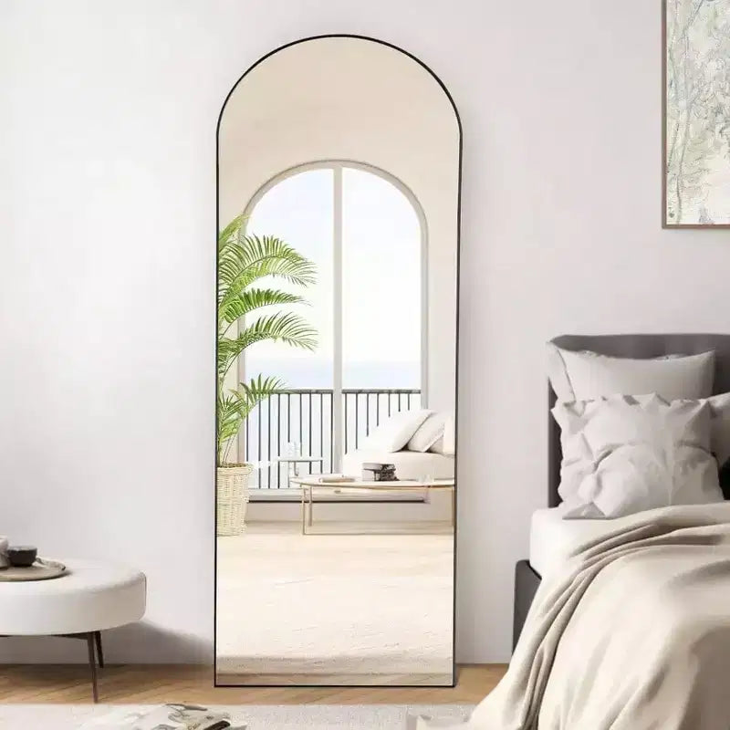 64.1x21.5 Black Arch Mirror - Aluminum Frame with Stand. Full Length for Hanging, Leaning, or Standing