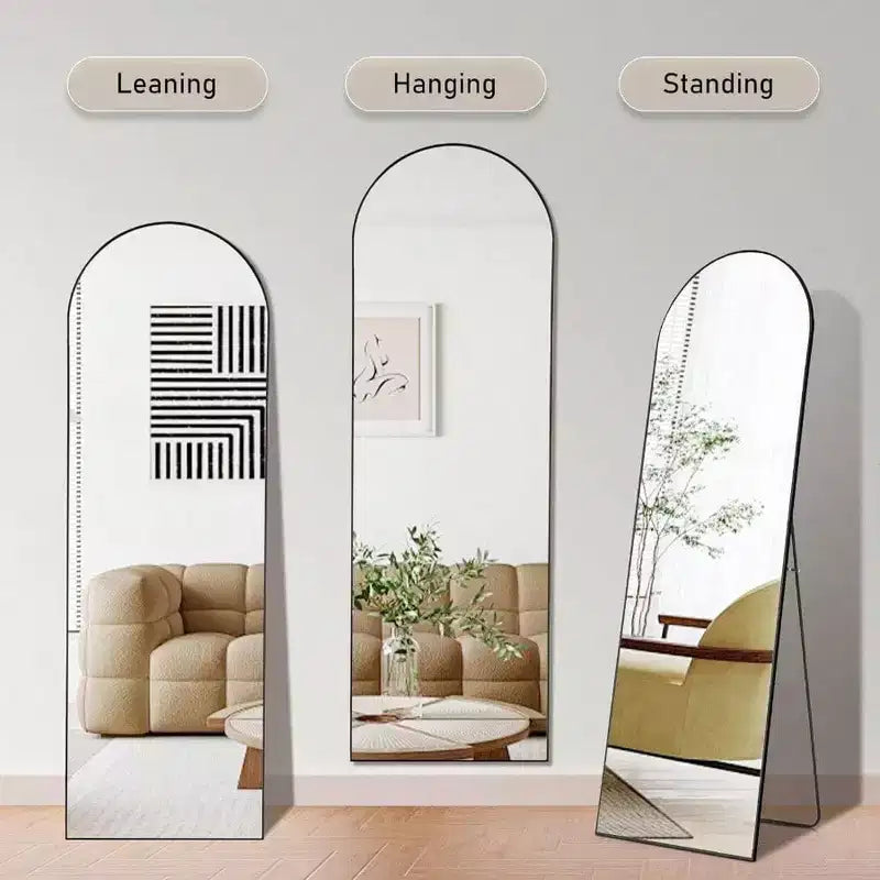 64.1x21.5 Black Arch Mirror - Aluminum Frame with Stand. Full Length for Hanging, Leaning, or Standing