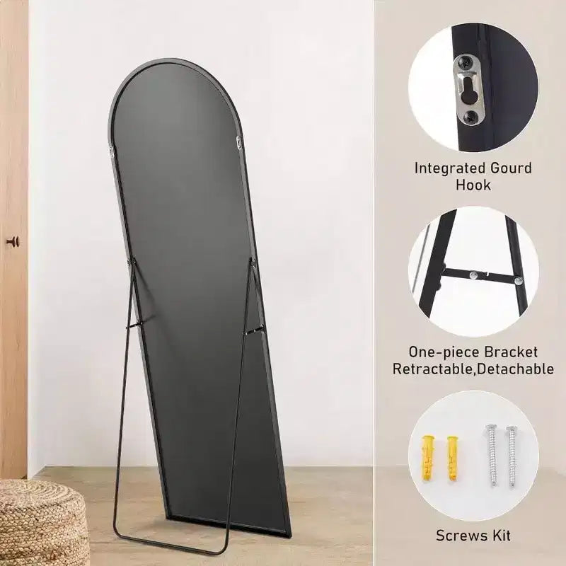 64.1x21.5 Black Arch Mirror - Aluminum Frame with Stand. Full Length for Hanging, Leaning, or Standing