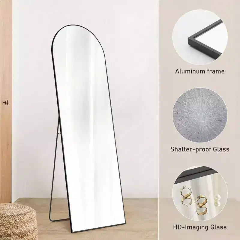 64.1x21.5 Black Arch Mirror - Aluminum Frame with Stand. Full Length for Hanging, Leaning, or Standing