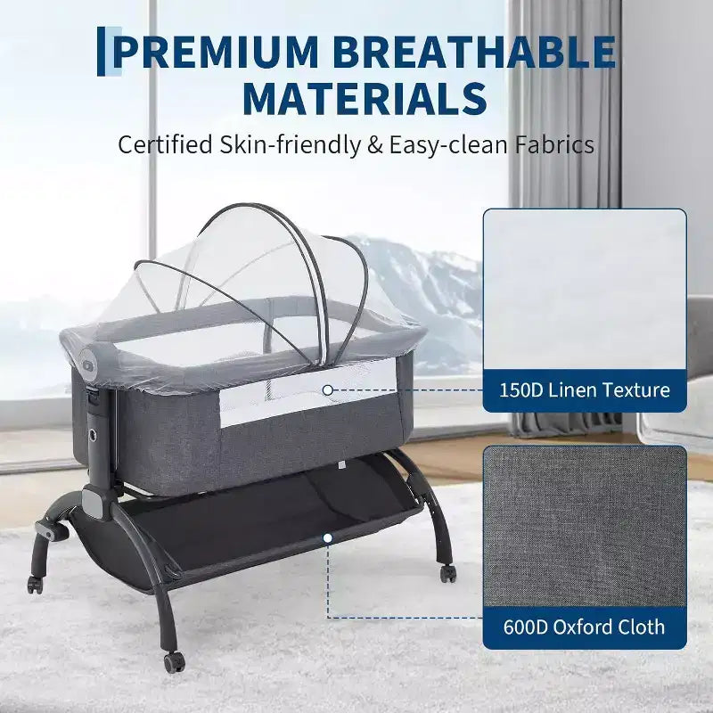 3-in-1 Bedside Bassinet Baby Sleeper with Mosquito Net, Travel Crib and Adjustable Height