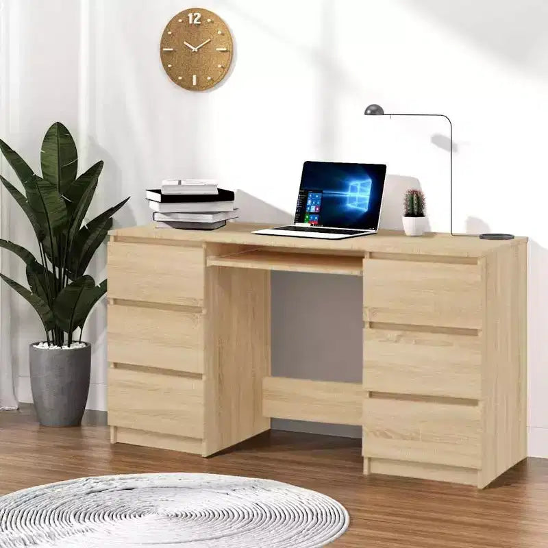 Writing Desk, White Engineered Wood with 6 Drawers