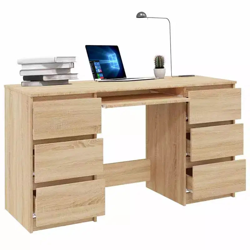 Writing Desk, White Engineered Wood with 6 Drawers