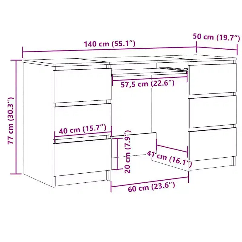 Writing Desk, White Engineered Wood with 6 Drawers