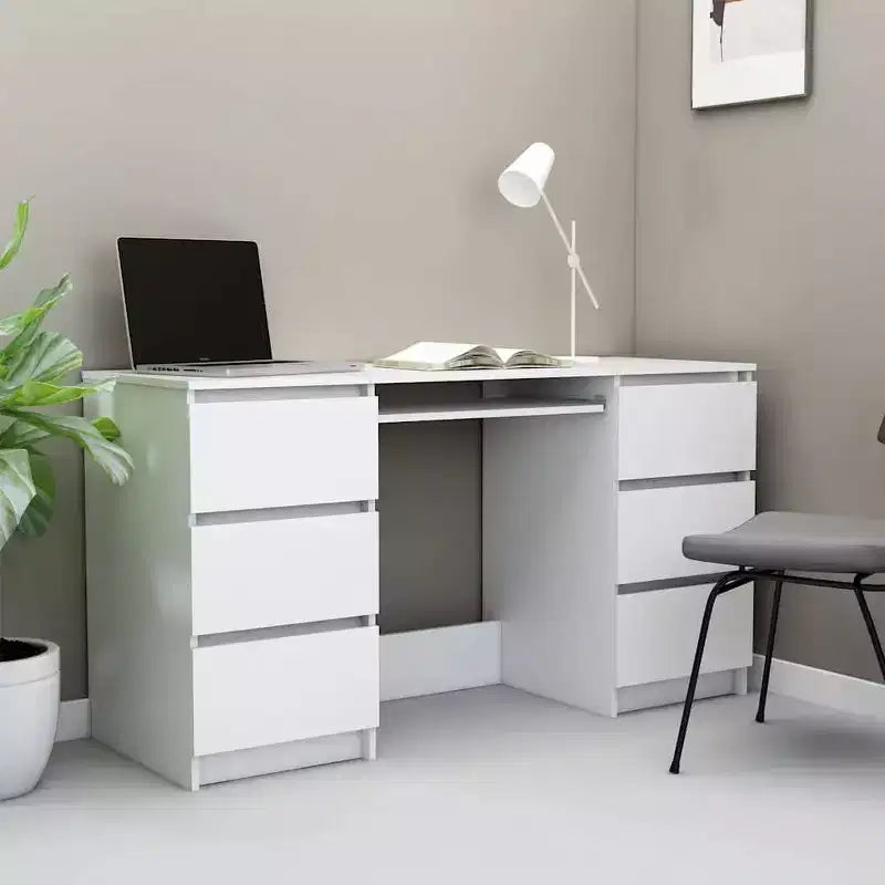 Writing Desk, White Engineered Wood with 6 Drawers