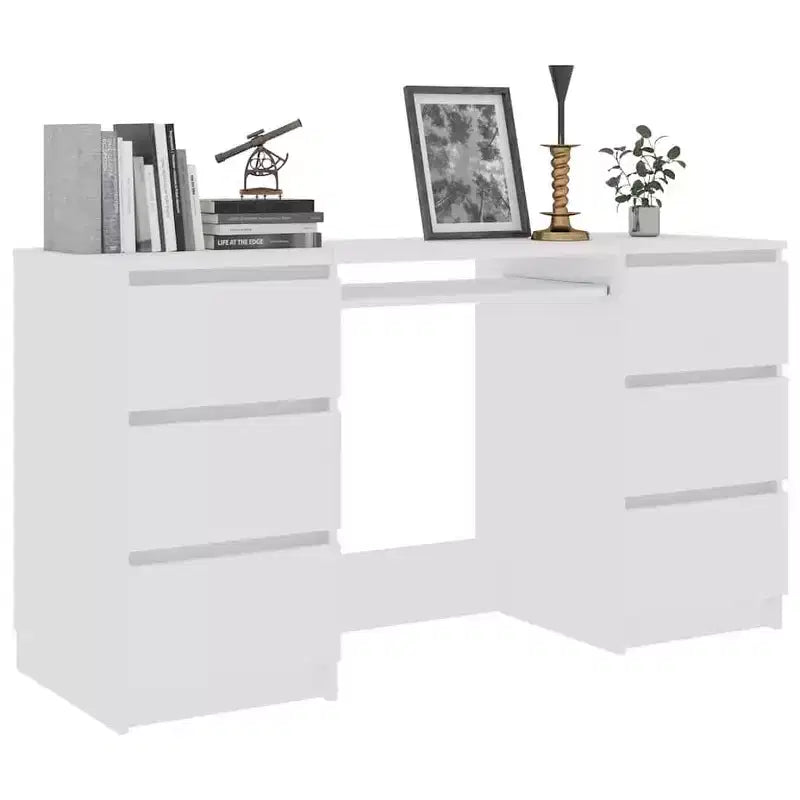 Writing Desk, White Engineered Wood with 6 Drawers
