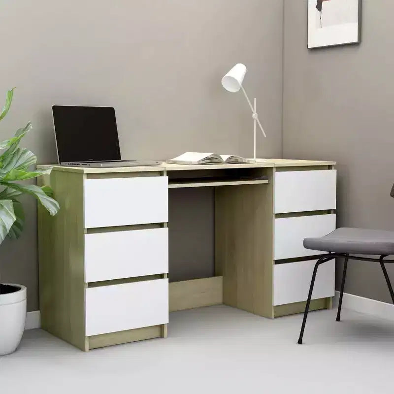 Writing Desk, White Engineered Wood with 6 Drawers