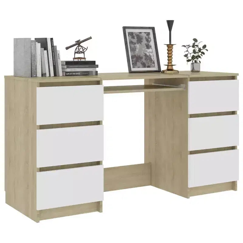 Writing Desk, White Engineered Wood with 6 Drawers