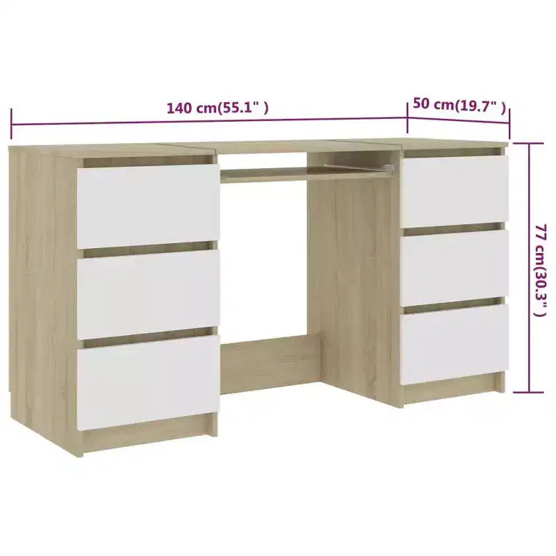 Writing Desk, White Engineered Wood with 6 Drawers