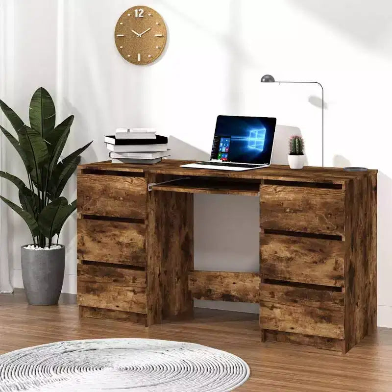 Writing Desk, White Engineered Wood with 6 Drawers
