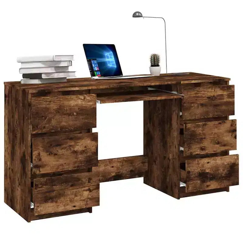 Writing Desk, White Engineered Wood with 6 Drawers