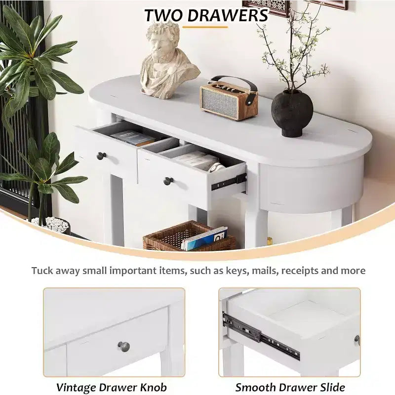 Curved Console Table 40-Inch Retro Farmhouse Wood Entry Sofa Table with Storage Shelf & Drawer for Living Room Hallway, Antique White