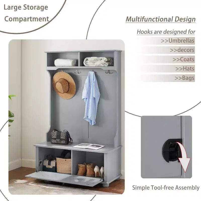 4-In-1 Entryway Hall Tree with Coat Rack, Storage Bench, Coat Hooks, and Open ShelvesFarmhouse Shoe Bench for Mudrooms and Hallways