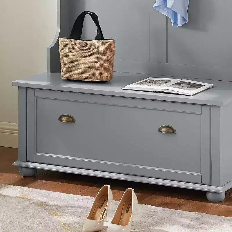 4-In-1 Entryway Hall Tree with Coat Rack, Storage Bench, Coat Hooks, and Open ShelvesFarmhouse Shoe Bench for Mudrooms and Hallways