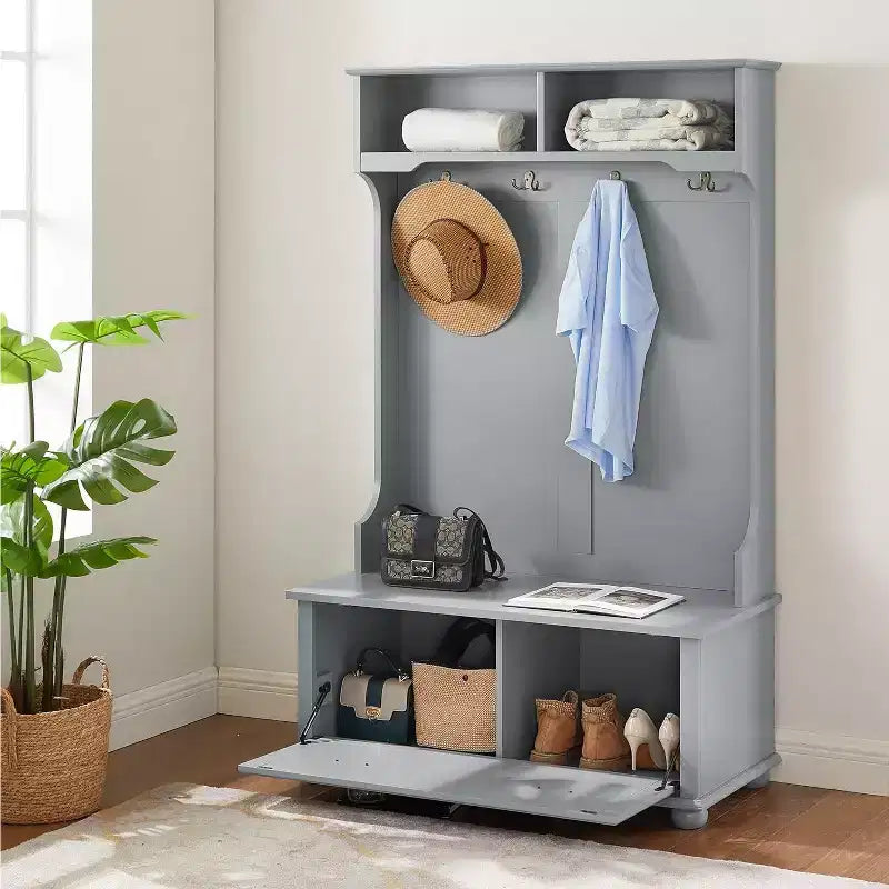 4-In-1 Entryway Hall Tree with Coat Rack, Storage Bench, Coat Hooks, and Open ShelvesFarmhouse Shoe Bench for Mudrooms and Hallways