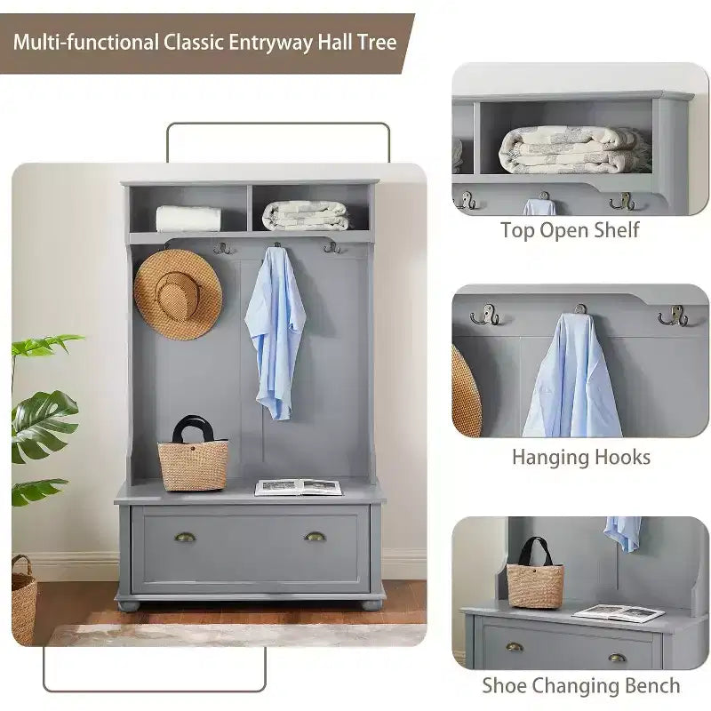 4-In-1 Entryway Hall Tree with Coat Rack, Storage Bench, Coat Hooks, and Open ShelvesFarmhouse Shoe Bench for Mudrooms and Hallways