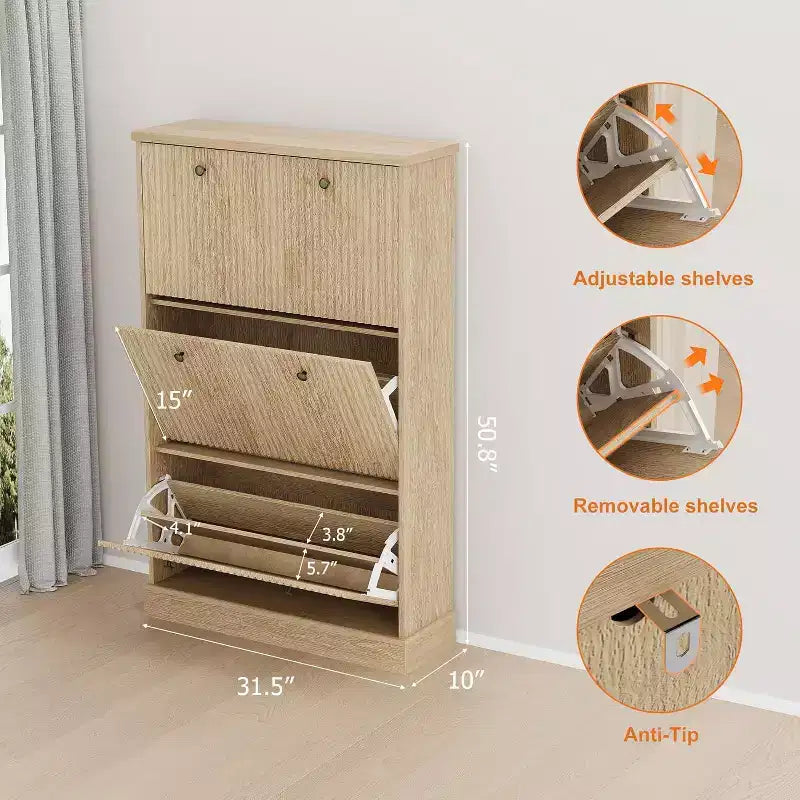 Modern 3-Door Flip-Down Shoe Cabinet with Fluted Design. Adjustable Shelves in a Narrow Freestanding Organizer for Entryway or Hallway.