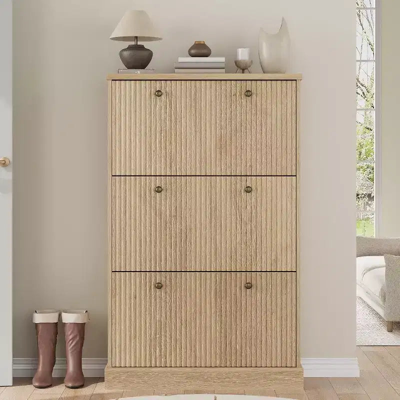 Modern 3-Door Flip-Down Shoe Cabinet with Fluted Design. Adjustable Shelves in a Narrow Freestanding Organizer for Entryway or Hallway.