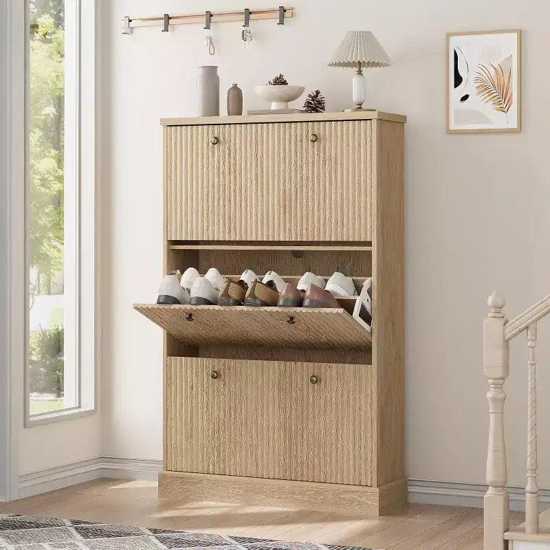 Modern 3-Door Flip-Down Shoe Cabinet with Fluted Design. Adjustable Shelves in a Narrow Freestanding Organizer for Entryway or Hallway.