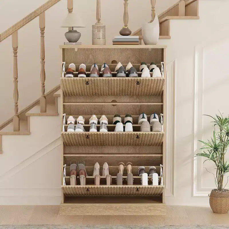Modern 3-Door Flip-Down Shoe Cabinet with Fluted Design. Adjustable Shelves in a Narrow Freestanding Organizer for Entryway or Hallway.