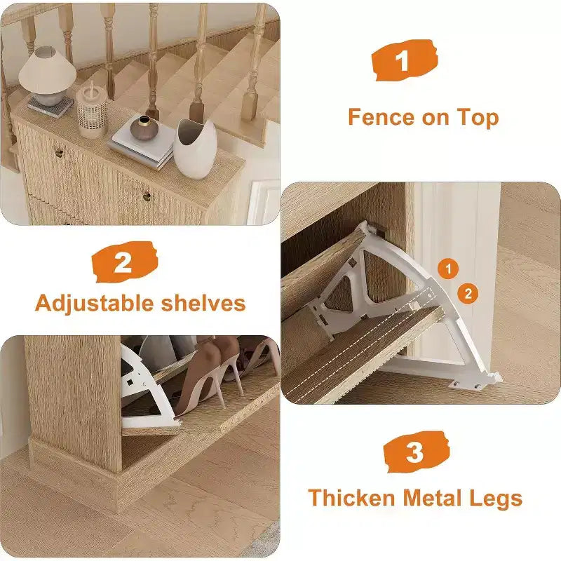 Modern 3-Door Flip-Down Shoe Cabinet with Fluted Design. Adjustable Shelves in a Narrow Freestanding Organizer for Entryway or Hallway.