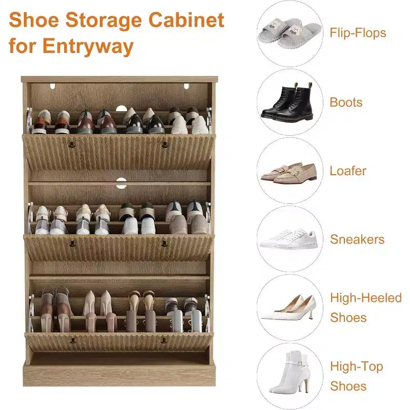 Modern 3-Door Flip-Down Shoe Cabinet with Fluted Design. Adjustable Shelves in a Narrow Freestanding Organizer for Entryway or Hallway.