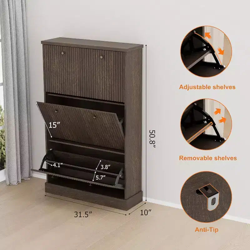 Modern 3-Door Flip-Down Shoe Cabinet with Fluted Design. Adjustable Shelves in a Narrow Freestanding Organizer for Entryway or Hallway.