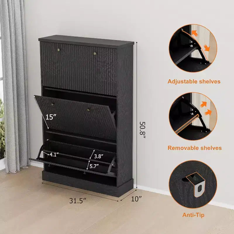 Modern 3-Door Flip-Down Shoe Cabinet with Fluted Design. Adjustable Shelves in a Narrow Freestanding Organizer for Entryway or Hallway.