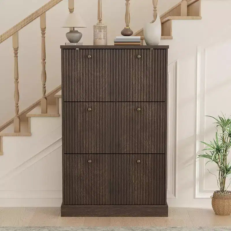 Modern 3-Door Flip-Down Shoe Cabinet with Fluted Design. Adjustable Shelves in a Narrow Freestanding Organizer for Entryway or Hallway.