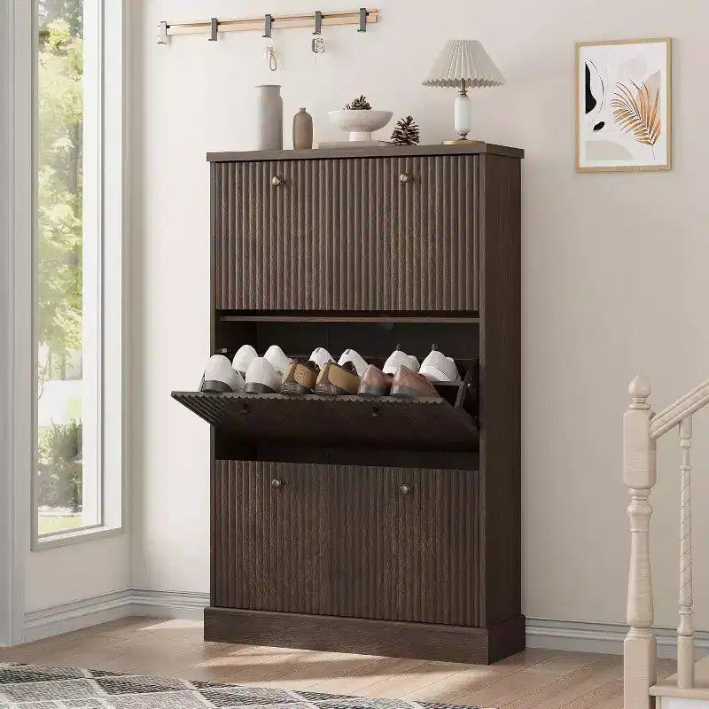 Modern 3-Door Flip-Down Shoe Cabinet with Fluted Design. Adjustable Shelves in a Narrow Freestanding Organizer for Entryway or Hallway.