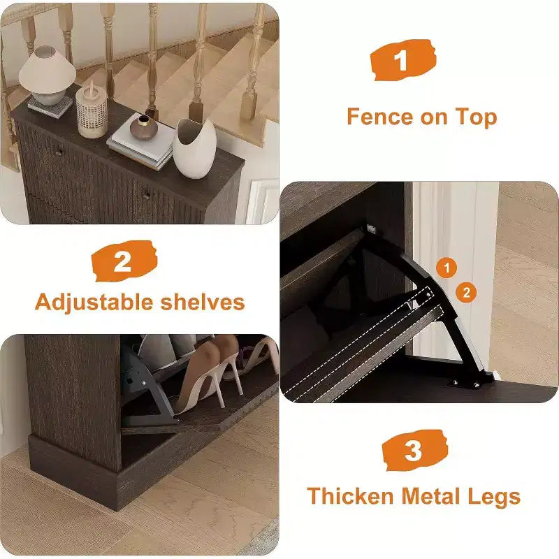 Modern 3-Door Flip-Down Shoe Cabinet with Fluted Design. Adjustable Shelves in a Narrow Freestanding Organizer for Entryway or Hallway.