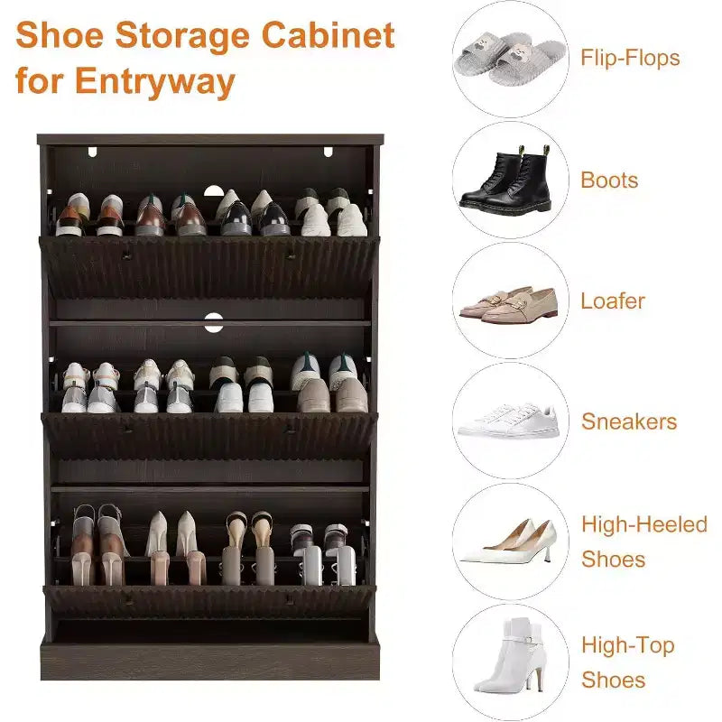Modern 3-Door Flip-Down Shoe Cabinet with Fluted Design. Adjustable Shelves in a Narrow Freestanding Organizer for Entryway or Hallway.