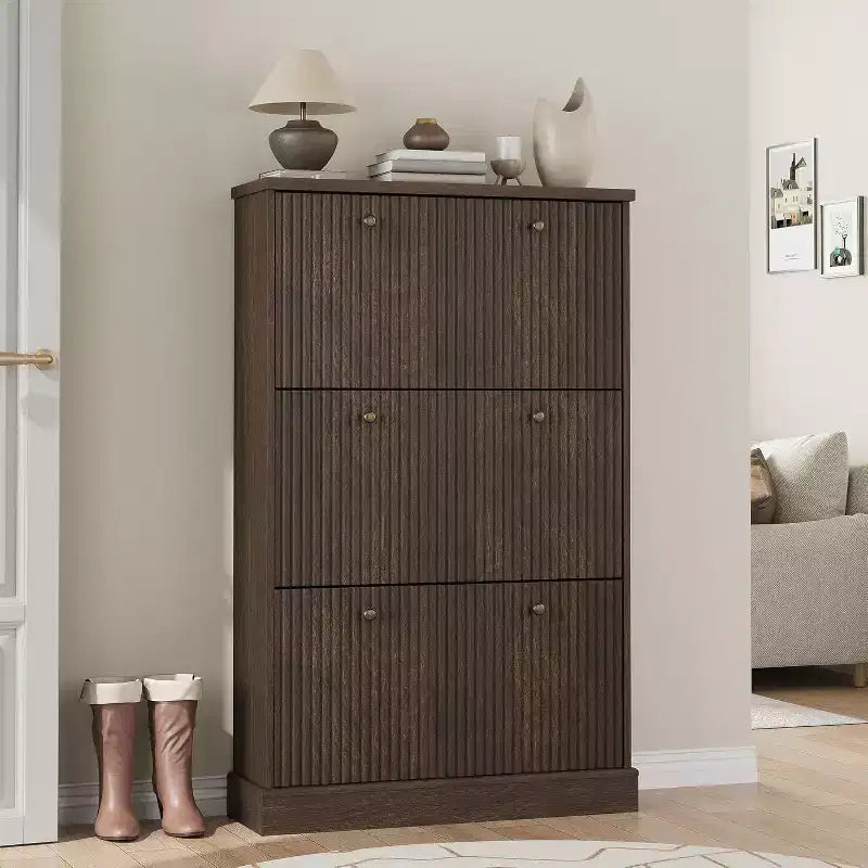 Modern 3-Door Flip-Down Shoe Cabinet with Fluted Design. Adjustable Shelves in a Narrow Freestanding Organizer for Entryway or Hallway.